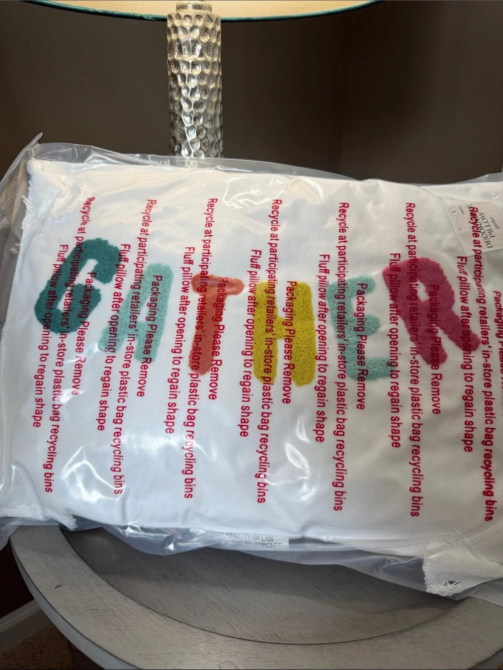 Decorative Throw Pillow with Multicolor Chenille Letters “GATHER”. NIP